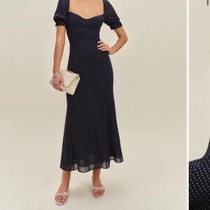 Reformation Navy Polka Dot Maxi Dress